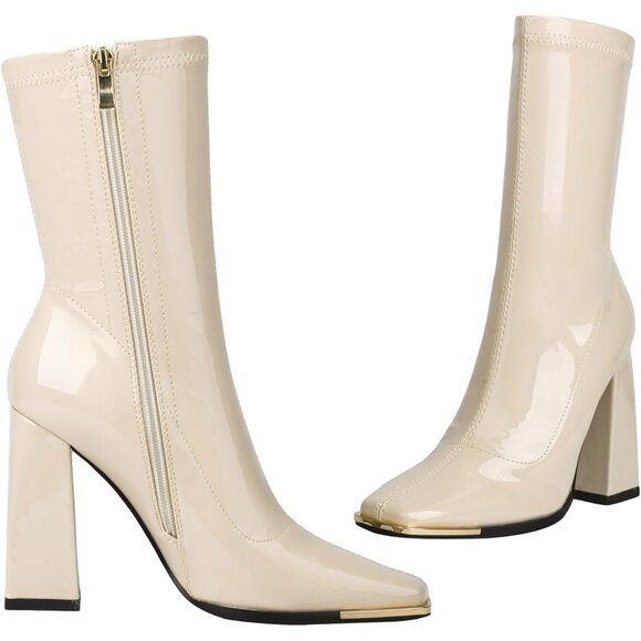 Women's Tan Mid Calf Comfy Square Closed Toe Heel Zipper Short Ankle Boots - Picture 6 of 8